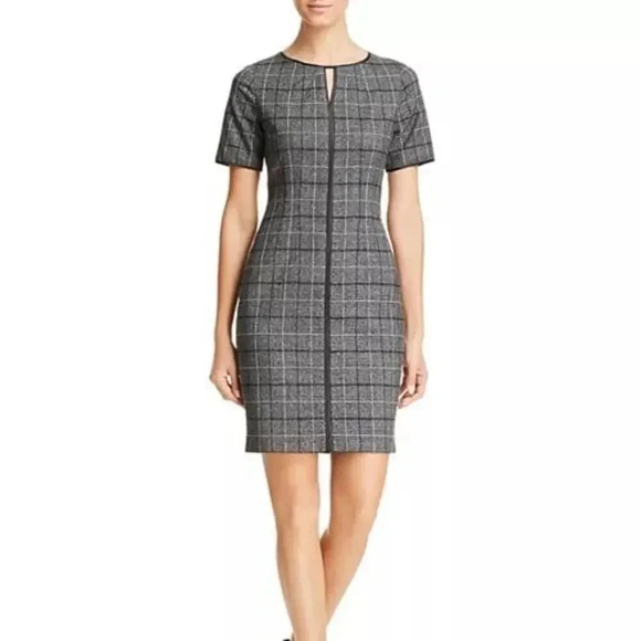 T Tahari Gray Plaid Short Sleeve Keyhole Sheath Dress 2 - Picture 1 of 5
